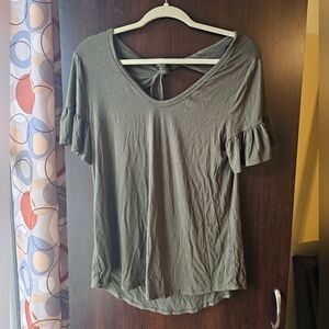 Emerald Olive Green Ruffle Sleeve Blouse With Back Tie